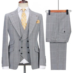 Classic Black Peak Lapel Three-Piece Plaid Business Suit