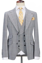 Classic Black Peak Lapel Three-Piece Plaid Business Suit