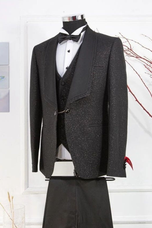 Classic Black Shawl Collar Three-Piece Sequined Wedding Suit