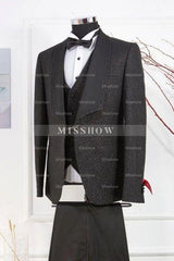 Classic Black Shawl Collar Three-Piece Sequined Wedding Suit