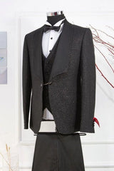 Classic Black Shawl Collar Three-Piece Sequined Wedding Suit
