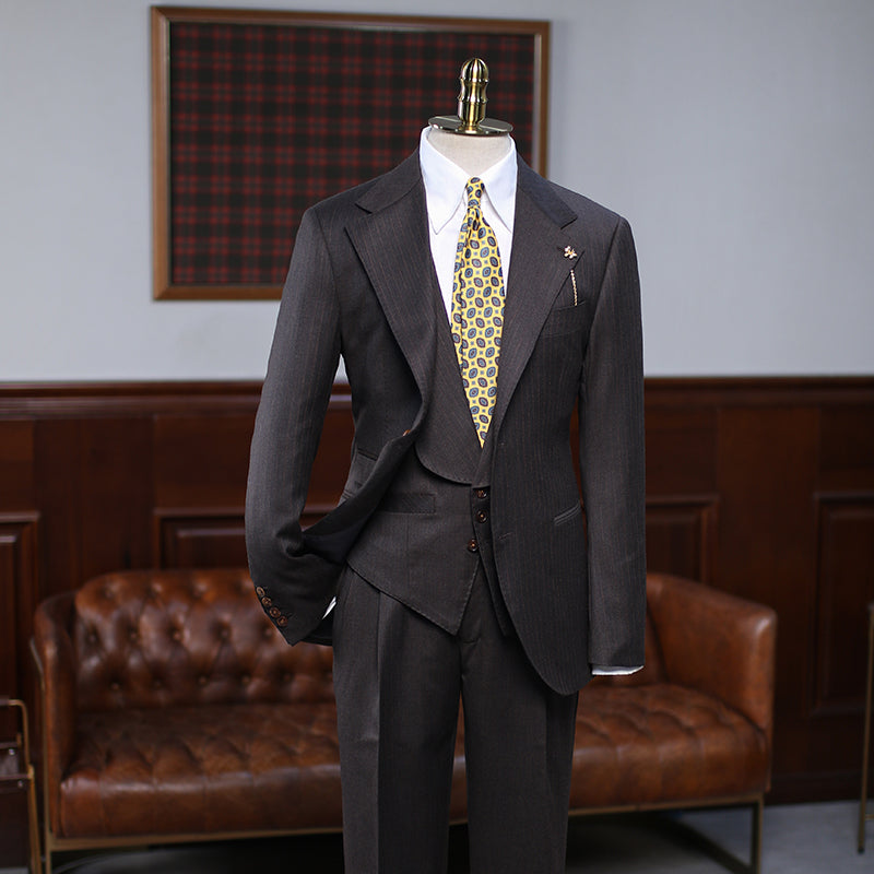 Classic Coffee Striped Three Pieces Custom Formal Men’s Wear
