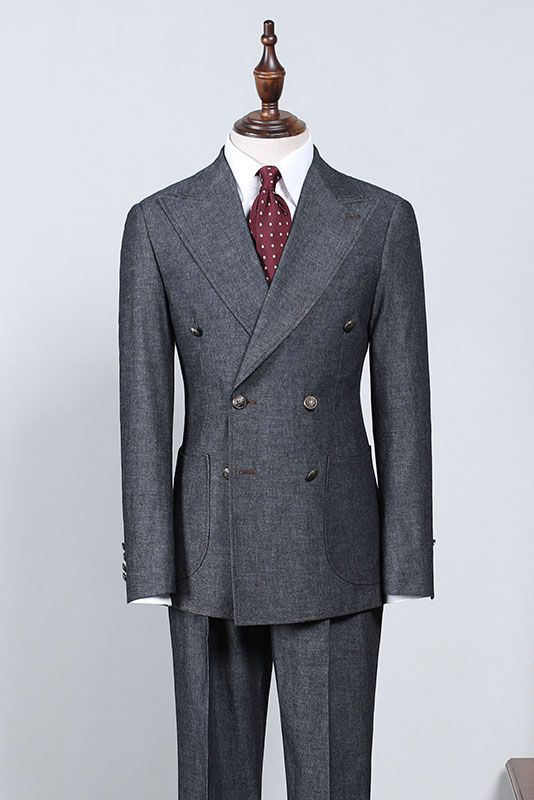 Classic Dark Gray Peak Lapel Double Breasted Formal Suit