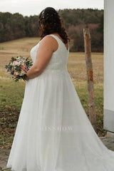 Classic Ivory V-Neck Sleeveless A-Line Wedding Dress with Appliques