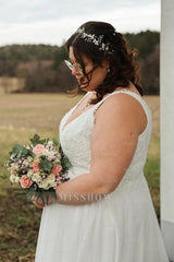 Classic Ivory V-Neck Sleeveless A-Line Wedding Dress with Appliques