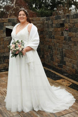 Classic Ivory V-Neck Sleeveless A-Line Wedding Dress with Appliques