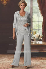 Classic Jewel 3/4 Length Sleeves Two Pieces Chiffon Mother of Bride Jumpsuit