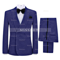 Classic Navy Blue Jacquard Shawl Collar Double-Breasted Wedding Suit
