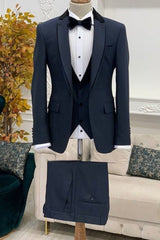 Classic Navy Blue Three-Piece Notched Lapel Business Suit