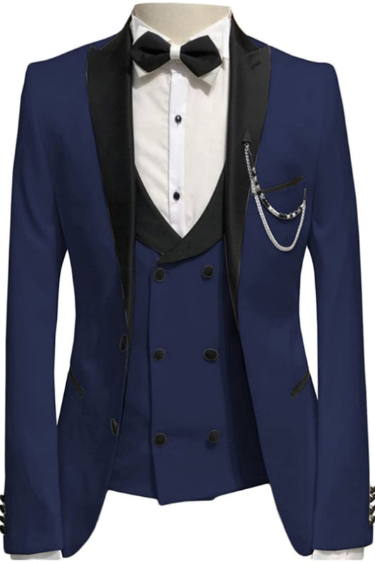 Classic Navy Blue Three-Piece Peaked Lapel Prom Suit