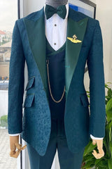 Classic Ocean Blue Peaked Lapel Three-Piece Jacquard Prom Suit