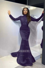 Classic Red Long Mermaid Formal Dress Pleated With Long Sleeves