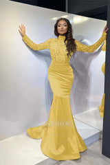 Classic Red Long Mermaid Formal Dress Pleated With Long Sleeves