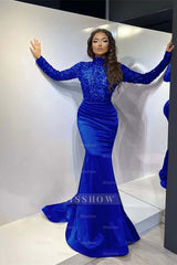 Classic Red Long Mermaid Formal Dress Pleated With Long Sleeves