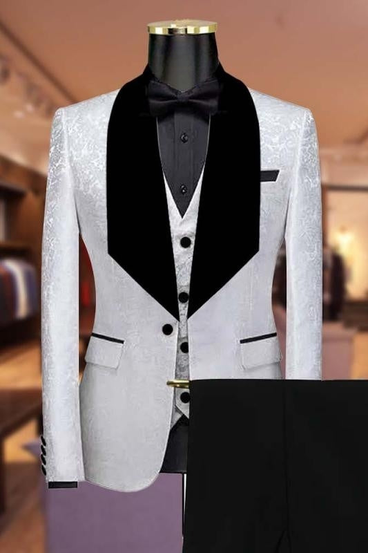 Classic White Jacquard Three-Piece Wedding Attire With Black Lapel