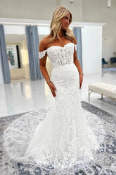 Classic White Off-The-Shoulder Sleeveless Mermaid Wedding Dress with Appliques
