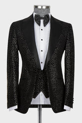 Classical Black Jacquard Peaked Lapel Three-Piece Prom Suit