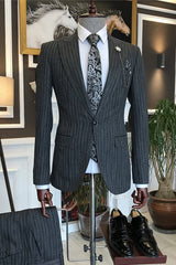 Classical Black Striped Peak Lapel Business Suit for Men