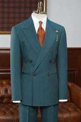 Classical Blue Striped Double-Breasted Peaked Lapel Prom Suit