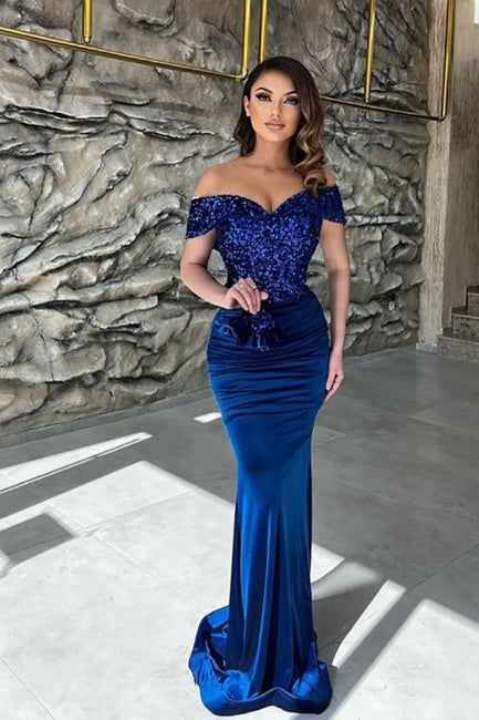 Classy Blue Sequins Sweetheart Off-the-shoulder Floor-length Column Prom Evening Dresses