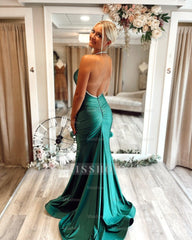 Classy Dark Green Halter Sleeveless Backless Mermaid Prom Dress with Rhinestones