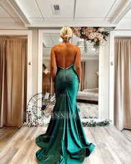 Classy Dark Green Halter Sleeveless Backless Mermaid Prom Dress with Rhinestones