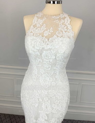Classy Floor-Length Mermaid Long White Wedding Dresses Halter Sleeveless Open-Back Bridal Gowns with Lace