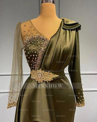 Classy V-neck Long Sleeves Beading Mermaid Prom Evening Dresses With Side Train