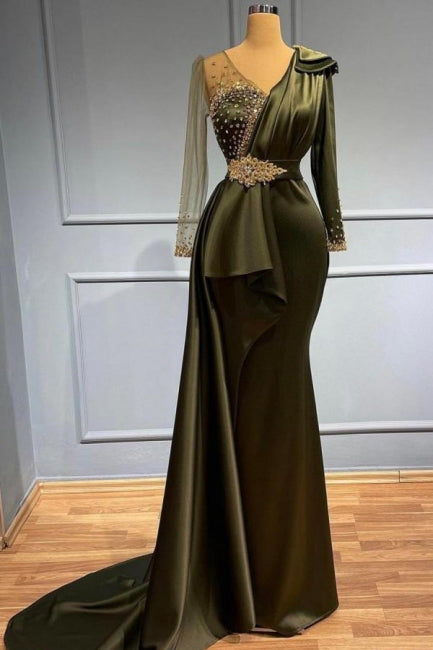 Classy V-neck Long Sleeves Beading Mermaid Prom Evening Dresses With Side Train