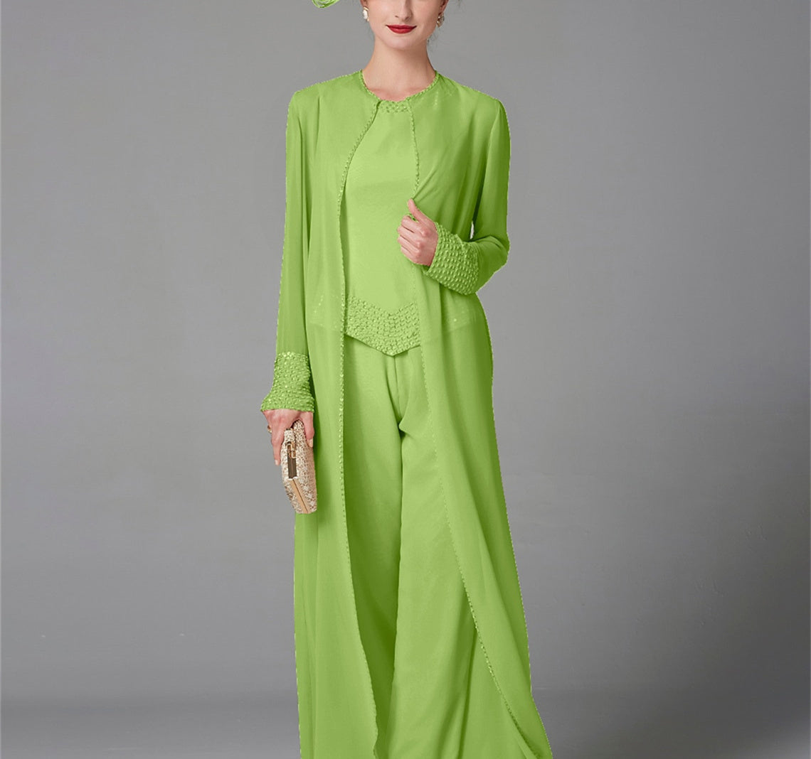 Chiffon Long Sleeves Mother Of The Bride Pantsuits With Jacket Sequins