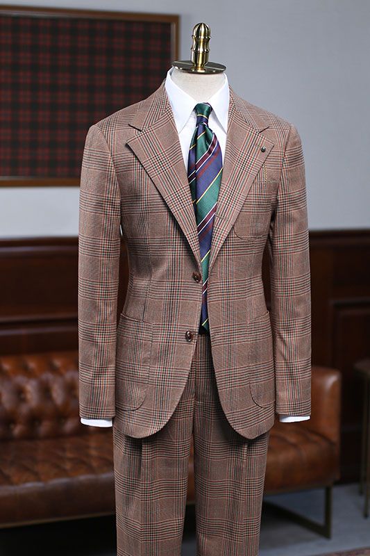 Coffee Small Plaid Two Pieces Slim Fit Custom Business Suit