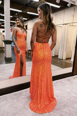 Orange v-neck sequin column prom dress