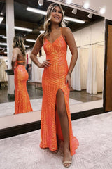 Orange v-neck sequin column prom dress
