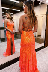 Orange v-neck sequin column prom dress