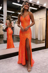 Orange v-neck sequin column prom dress