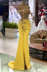 Column Yellow Sleeveless Off-The-Shoulder Stain Floor-Length Sweetheart Prom Evening Dresses with Beadings