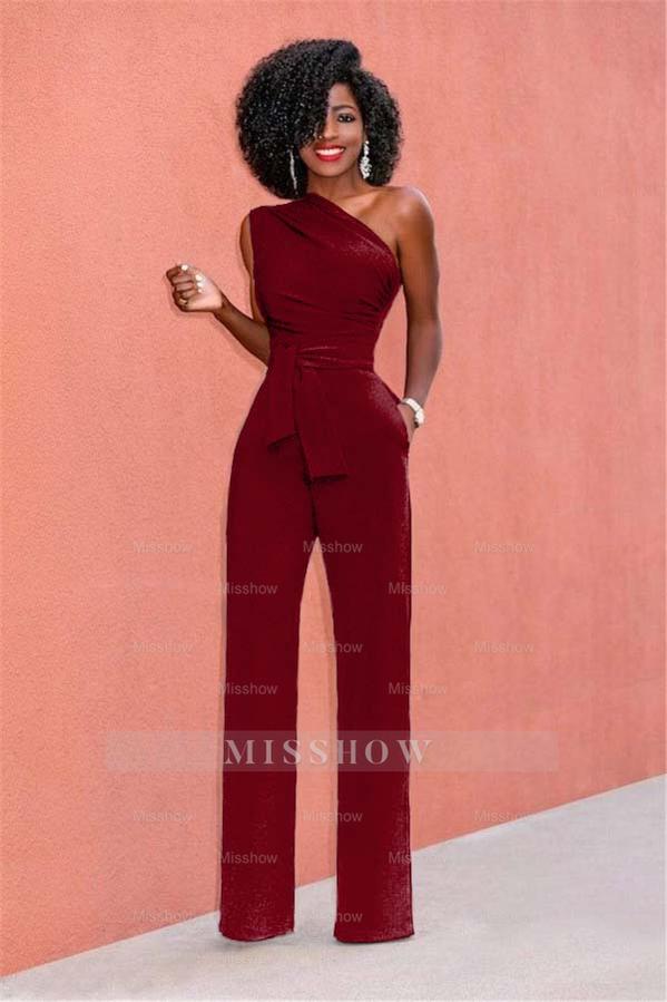 Concise Black One-Shoulder Daily Women's Jump Suit