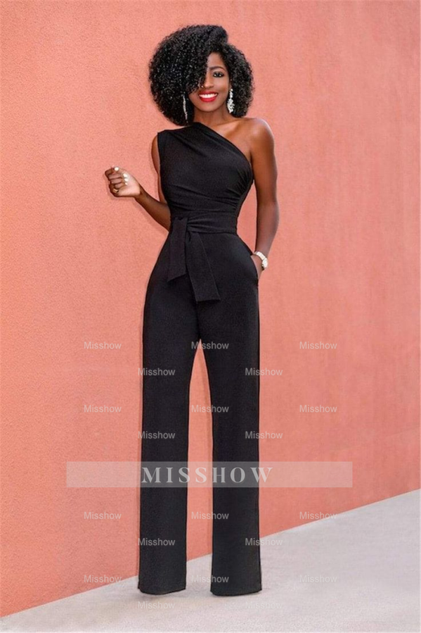 Concise Black One-Shoulder Daily Women's Jump Suit