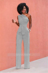 Concise Black One-Shoulder Daily Women's Jump Suit