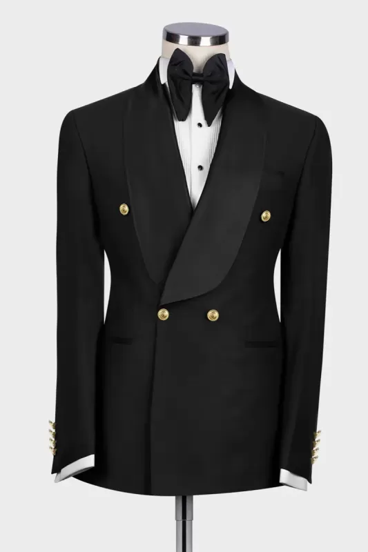 Contemporary Black Shawl Lapel Double Breasted Wedding Suit