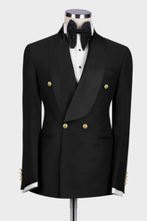 Contemporary Black Shawl Lapel Double Breasted Wedding Suit