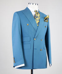 Contemporary Blue Double Breasted Peak Lapel Business Suits for Men