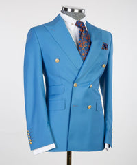 Contemporary Blue Peak Lapel Double Breasted Business Men’s Suits