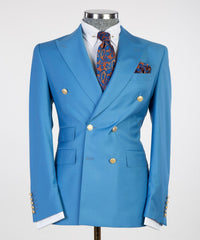 Contemporary Blue Peak Lapel Double Breasted Business Men’s Suits