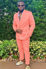 Contemporary Coral Jacquard Shawl Lapel Double Breasted Prom Suit