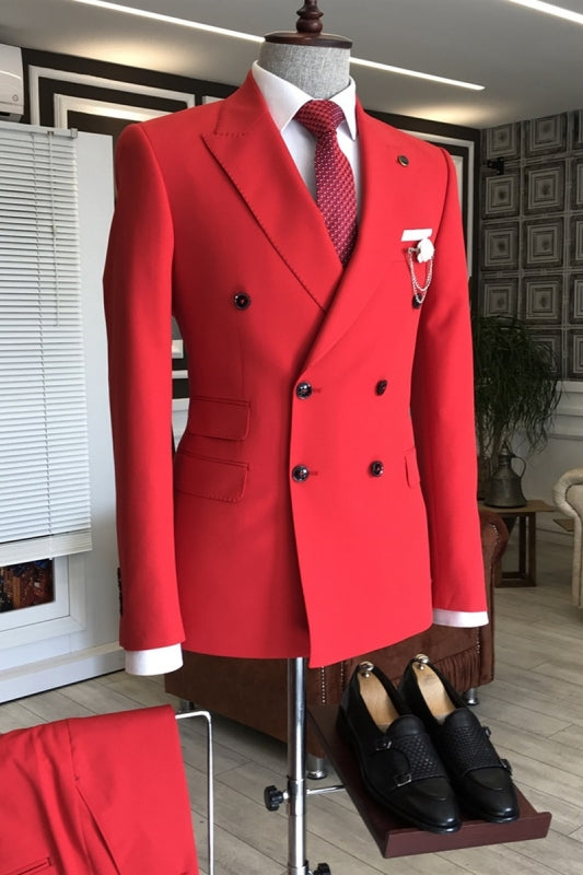Contemporary Crimson Peaked Lapel Double-Breasted Prom Suit