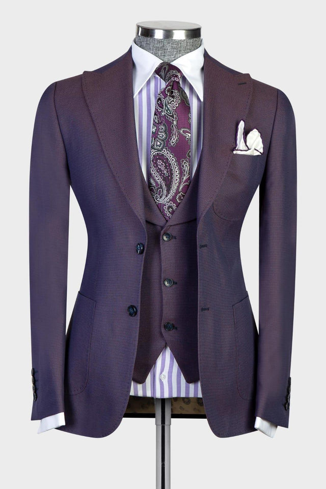 Contemporary Dark Purple 3-Piece Peaked Lapel Business Men’s Suits