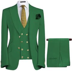Contemporary Emerald Green Peaked Lapel Three-Piece Prom Ensemble for Men