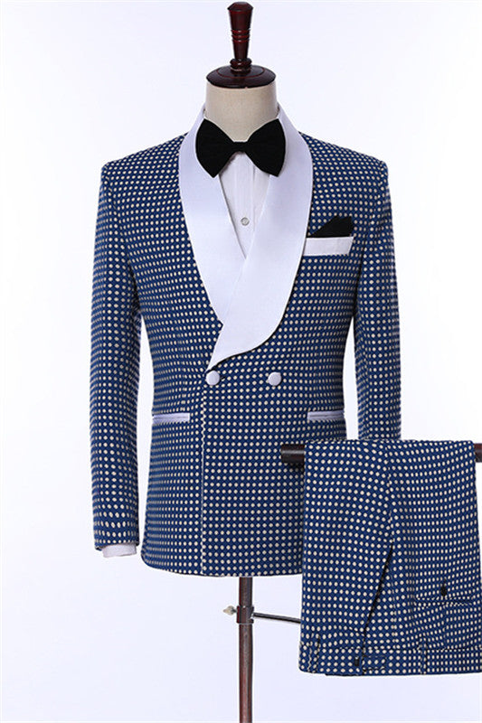 Contemporary Navy Blue Dot Shawl Collar Groom's Wedding Outfit