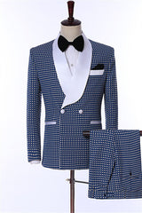 Contemporary Navy Blue Dot Shawl Collar Groom's Wedding Outfit